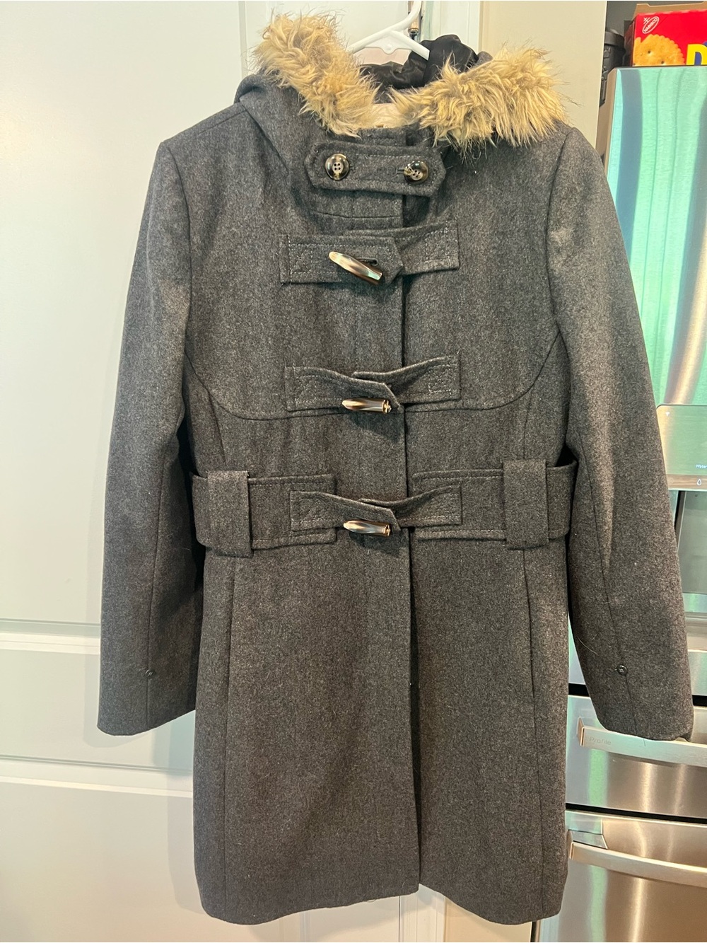 Anthropologie Elevenses Deep Woods Charcoal Wool Toggle Coat Faux Fur Hood Sz 8
